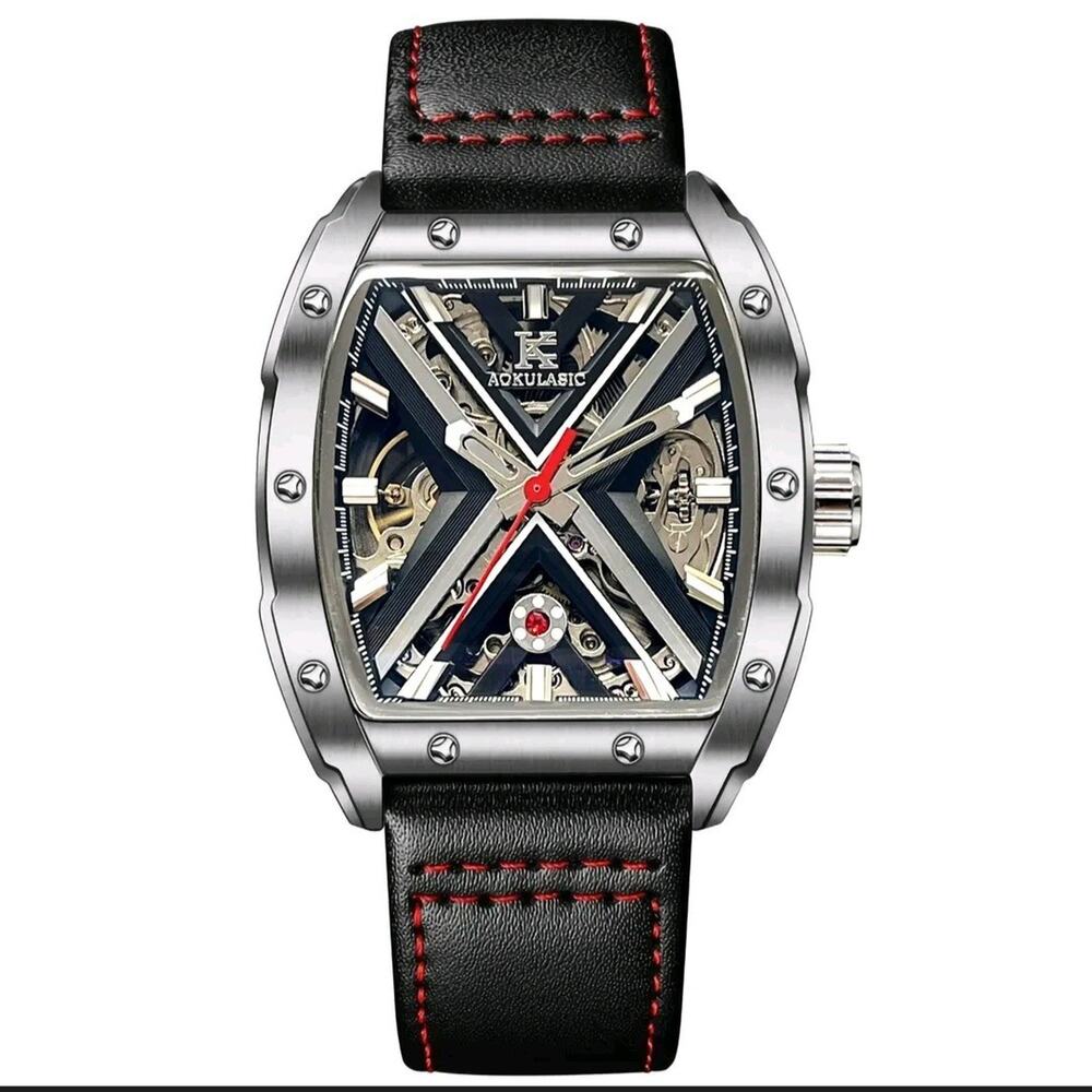 AOKULASIC Men's Automatic Mechanical Watch - Luxury Tonneau Skeleton X Dial